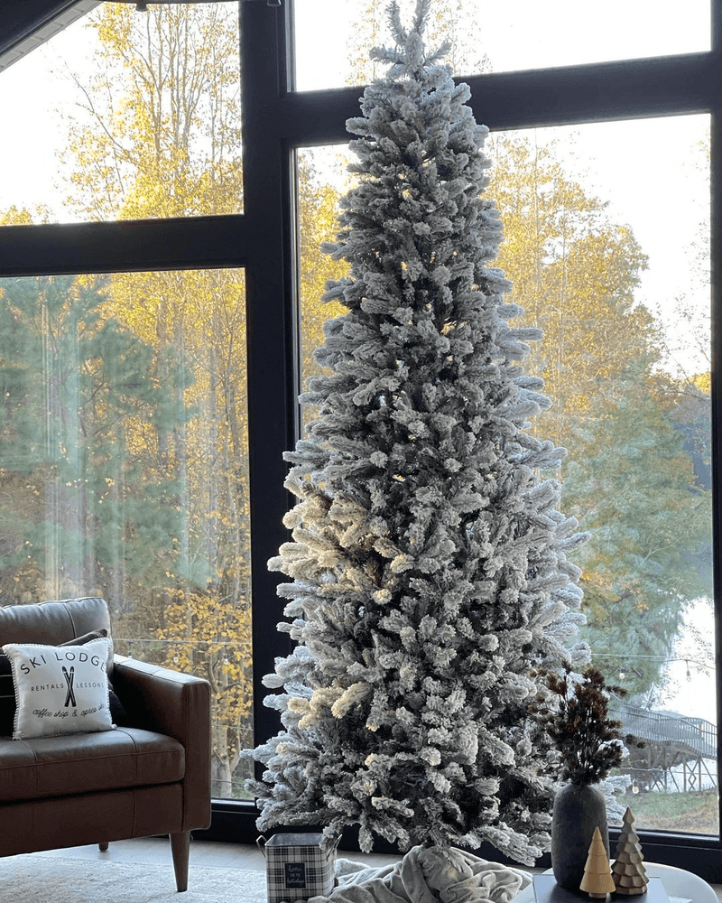 8' King Flock® Slim Artificial Christmas Tree with 700 Warm White LED Lights