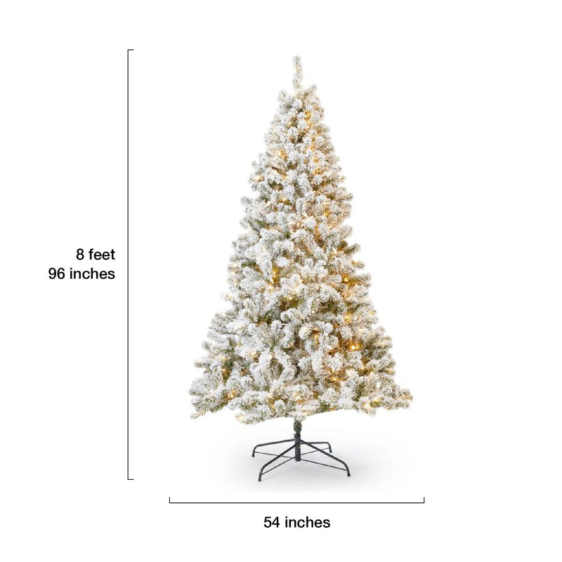 (OPEN BOX) 8' PRINCE FLOCK® TREE WITH 550 WARM WHITE LED LIGHTS, FINAL SALE